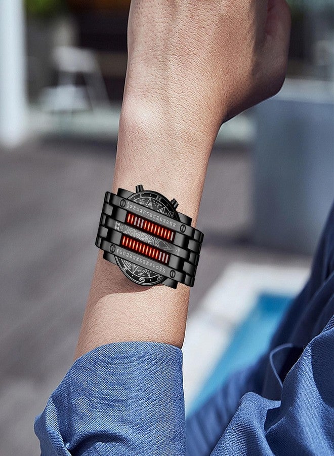 FANMIS Creative Mens Binary Matrix Blue LED Digital Watch Fashion Classic Black Plated Waterproof LED Backlight Bracelet Watches (X Black Red) - Image 2